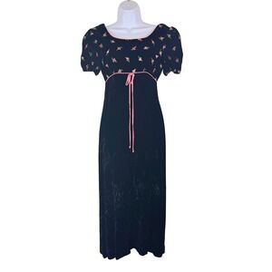 Vintage 90s Black Velvet Floral Embroidered Empire Waist Maxi Dress Prom Formal